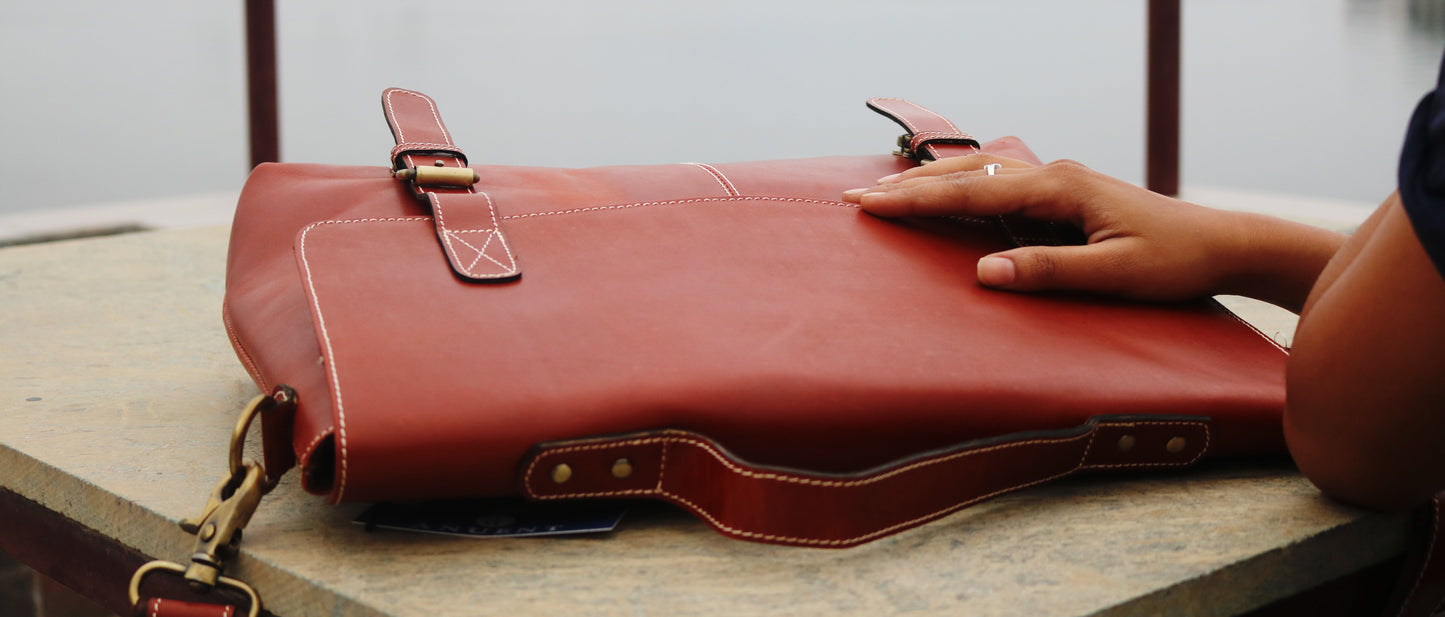Handmade Orange Handle Leather Laptop Bag.