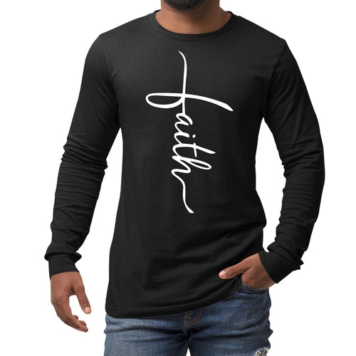 Mens Long Sleeve Graphic T-shirt, Faith Script Cross Illustration