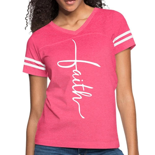 Womens Vintage Sport Graphic T-shirt, Faith Script Cross Illustration