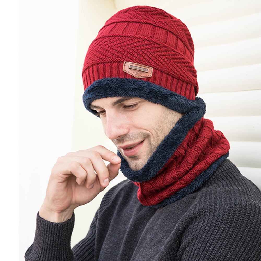 3 Pcs Men's Hat Scarf Gloves Set Warm Beanie Fleece Lining Scarf