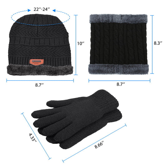 3 Pcs Men's Hat Scarf Gloves Set Warm Beanie Fleece Lining Scarf