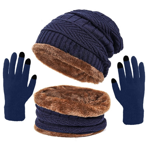 3 Pcs Men's Hat Scarf Gloves Set Warm Beanie Fleece Lining Scarf