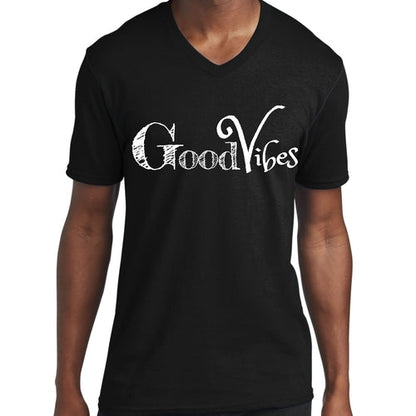 Mens Graphic V-neck T-shirt, Good Vibes White Print