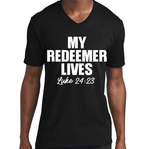 Mens Graphic V-neck T-shirt, my Redeemer Lives Print