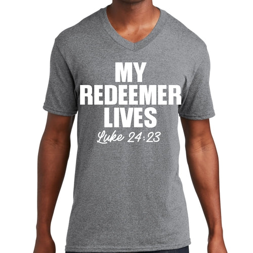 Mens Graphic V-neck T-shirt, my Redeemer Lives Print