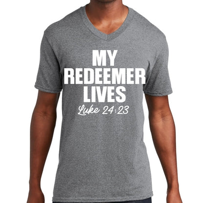 Mens Graphic V-neck T-shirt, my Redeemer Lives Print