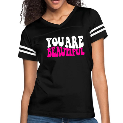 Womens Vintage Sport Graphic T-shirt, you are Beautiful Pink White