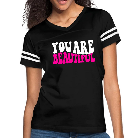 Womens Vintage Sport Graphic T-shirt, you are Beautiful Pink White