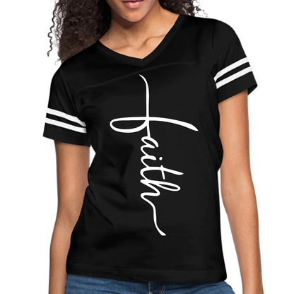 Womens Vintage Sport Graphic T-shirt, Faith Script Cross Illustration