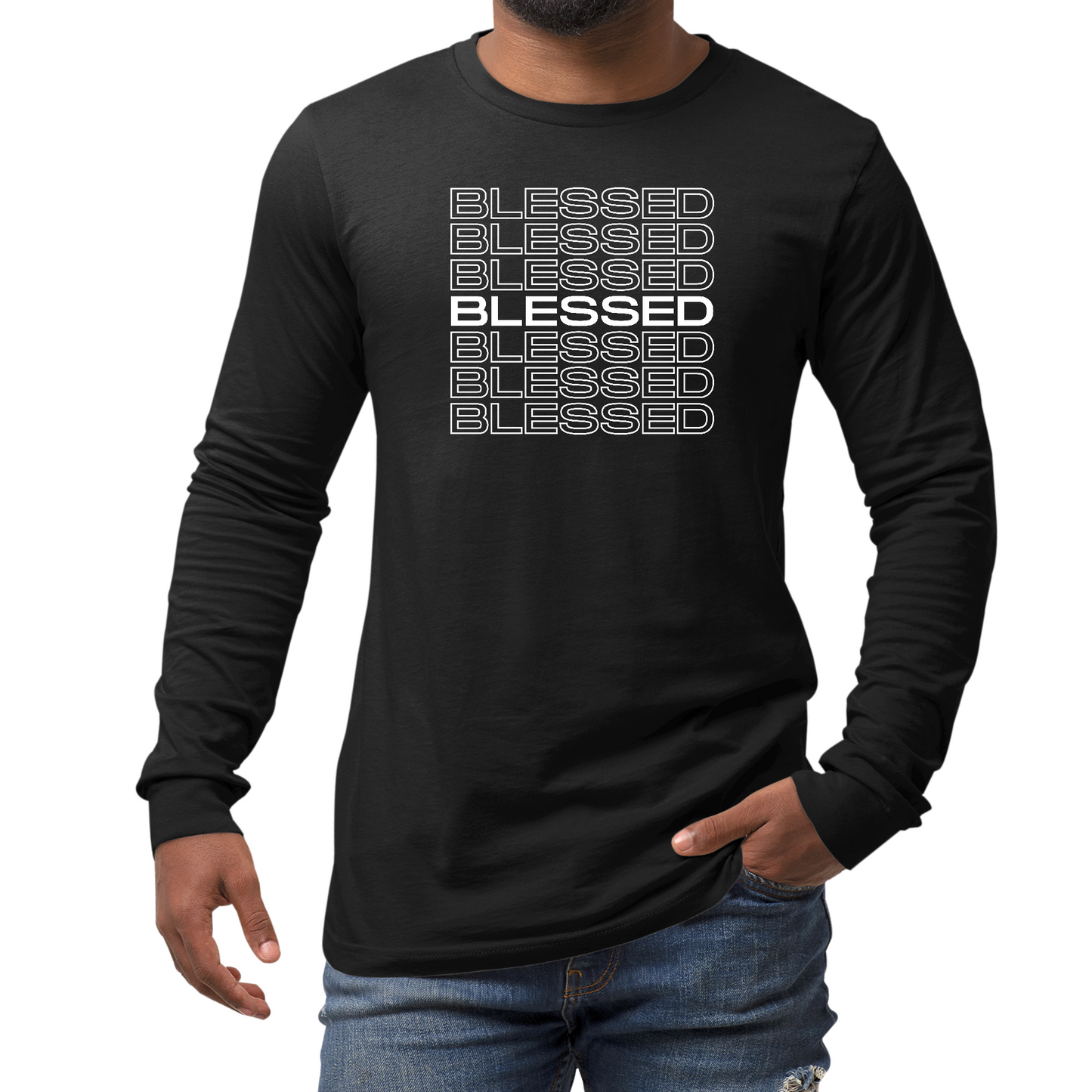 Mens Long Sleeve Graphic T-shirt, Blessed Stacked Print