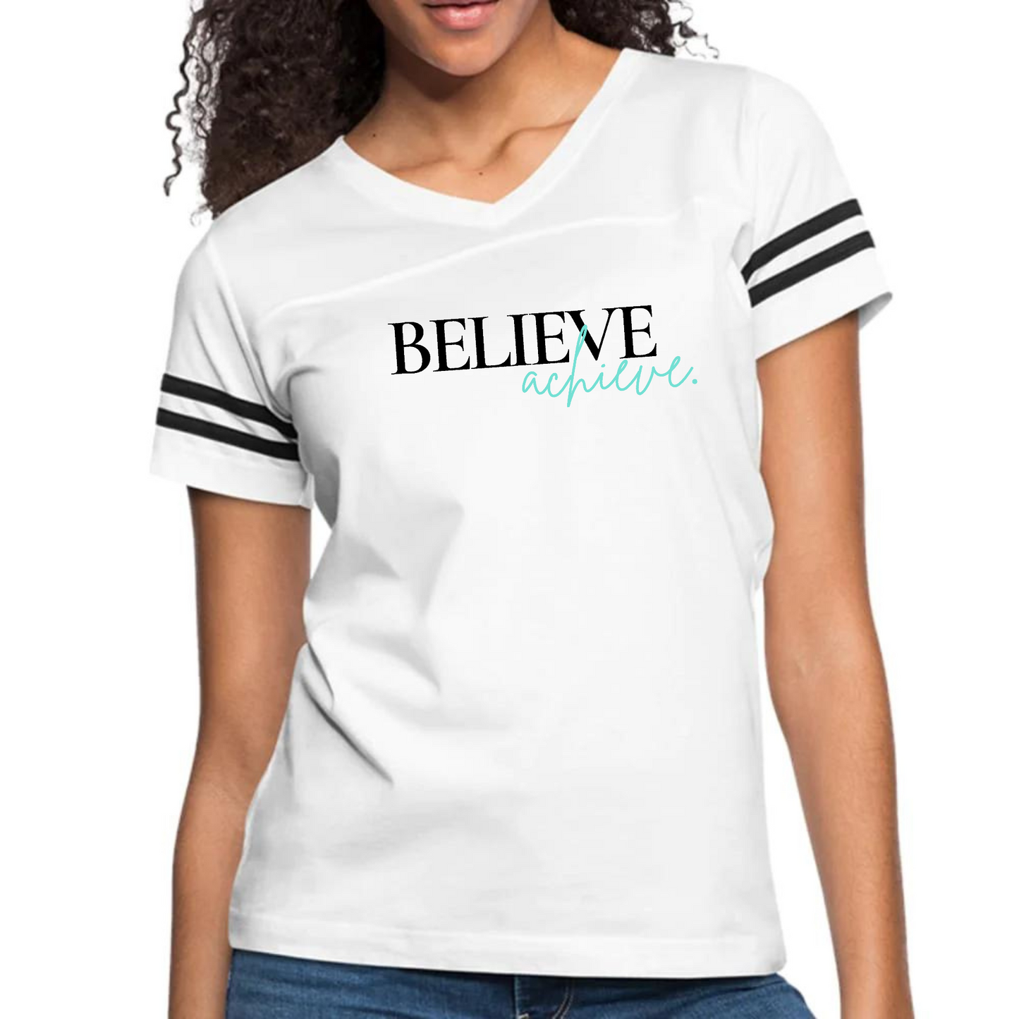Womens Vintage Sport Graphic T-shirt, Believe and Achieve