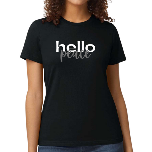 Womens Graphic T-shirt, Hello Peace White and Gray