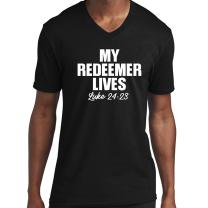 Mens Graphic V-neck T-shirt, my Redeemer Lives Print