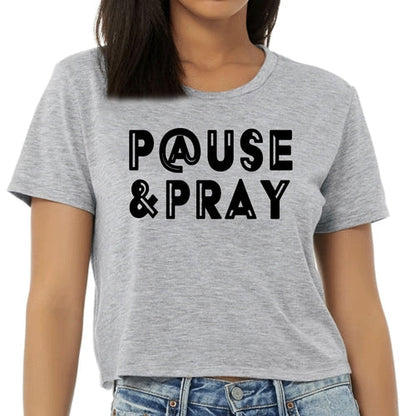 Womens Cropped Graphic T-shirt, Pause and Pray Black Illustration