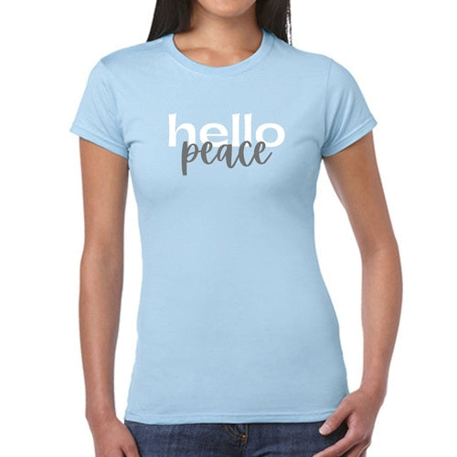 Womens Graphic T-shirt, Hello Peace White and Gray