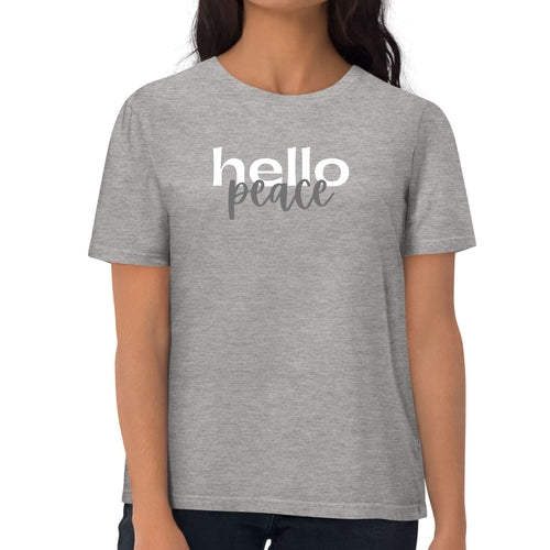 Womens Graphic T-shirt, Hello Peace White and Gray