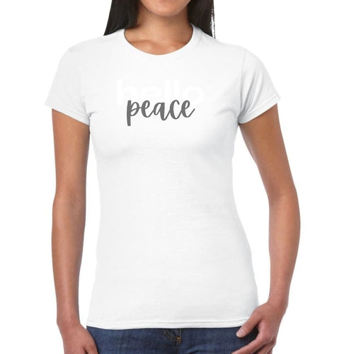 Womens Graphic T-shirt, Hello Peace White and Gray