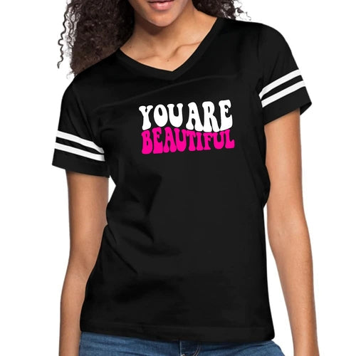 Womens Vintage Sport Graphic T-shirt, you are Beautiful Pink White