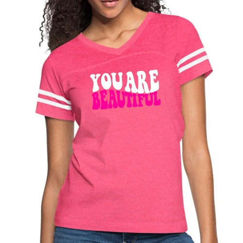 Womens Vintage Sport Graphic T-shirt, you are Beautiful Pink White